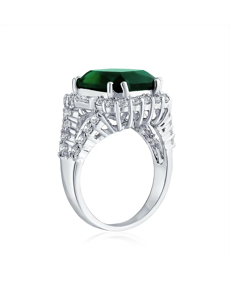 Bling Jewelry 7CT Cubic Zirconia Cz Pave Rectangle Green Emerald Cut Statement Fashion Ring Rhodium Plated Brass