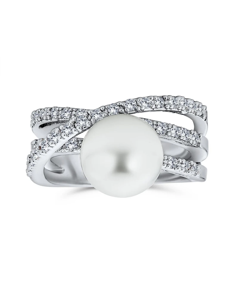 Bling Jewelry Geometric Criss Cross Pave Cz Solitaire White Simulated Pearl Fashion Statement Ring Silver Plated Brass