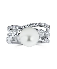 Bling Jewelry Geometric Criss Cross Pave Cz Solitaire White Simulated Pearl Fashion Statement Ring Silver Plated Brass