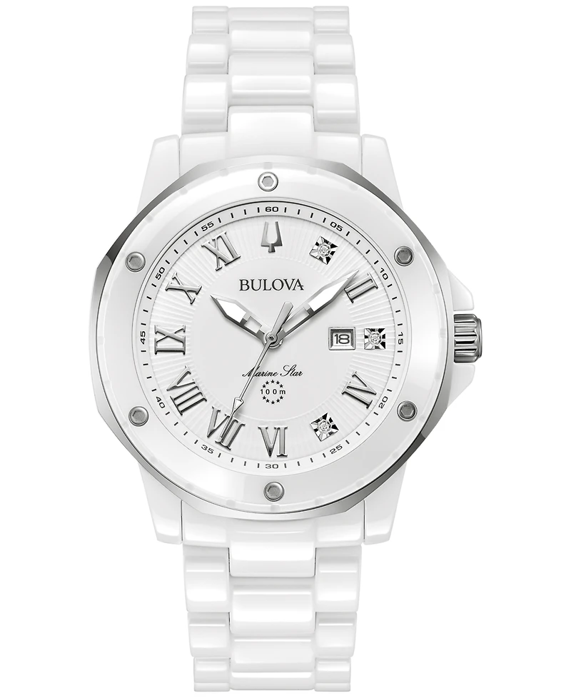 Bulova Women's Marine Star Marc Anthony Series A Diamond Accent White Ceramic Bracelet Watch 36mm