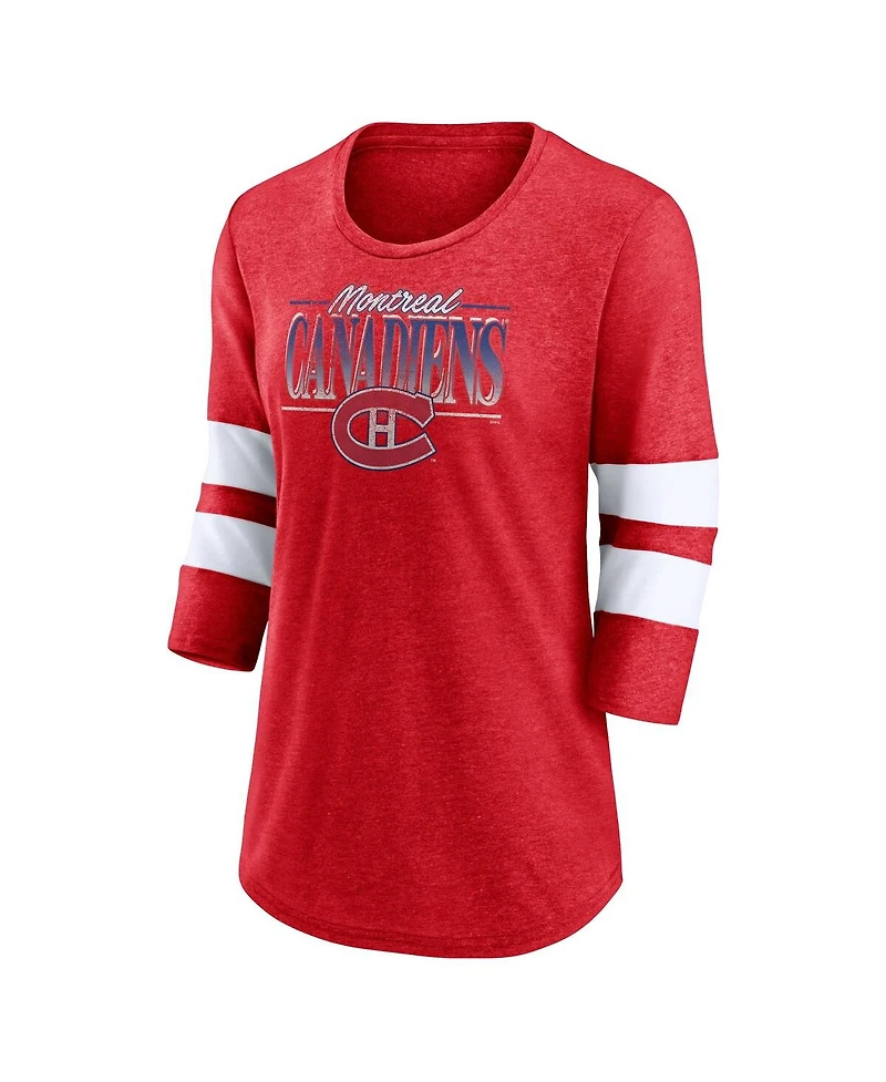 Women's Fanatics Heathered Red, White Montreal Canadiens Full Shield 3/4-Sleeve Tri-Blend Raglan Scoop Neck T-shirt