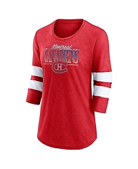 Women's Fanatics Heathered Red, White Montreal Canadiens Full Shield 3/4-Sleeve Tri-Blend Raglan Scoop Neck T-shirt
