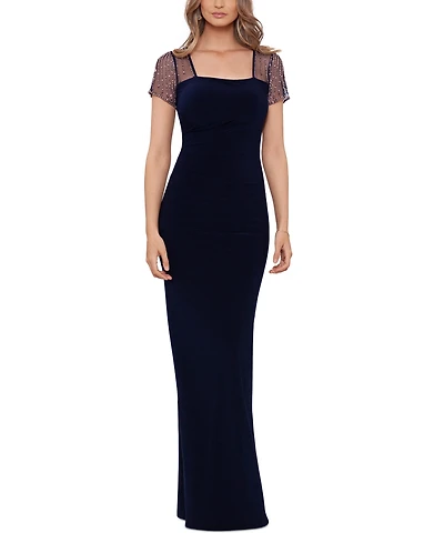 Betsy & Adam Petite Short Sleeve Mesh Gown