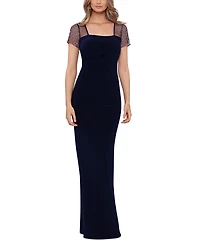 Betsy & Adam Petite Short Sleeve Mesh Gown