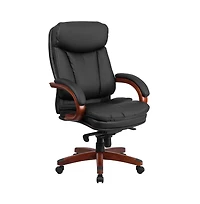 Emma+Oliver High Back Leather Executive Swivel Ergonomic Office Chair With Synchro-Tilt Mechanism, Mahogany Wood Base And Arms