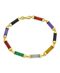 Bling Jewelry Asian Style Multi Color Yellow Red White Green Natural Jade Strand Tube Bar Link Bracelet Gold Plated Sterling Silver 7.5 Inch