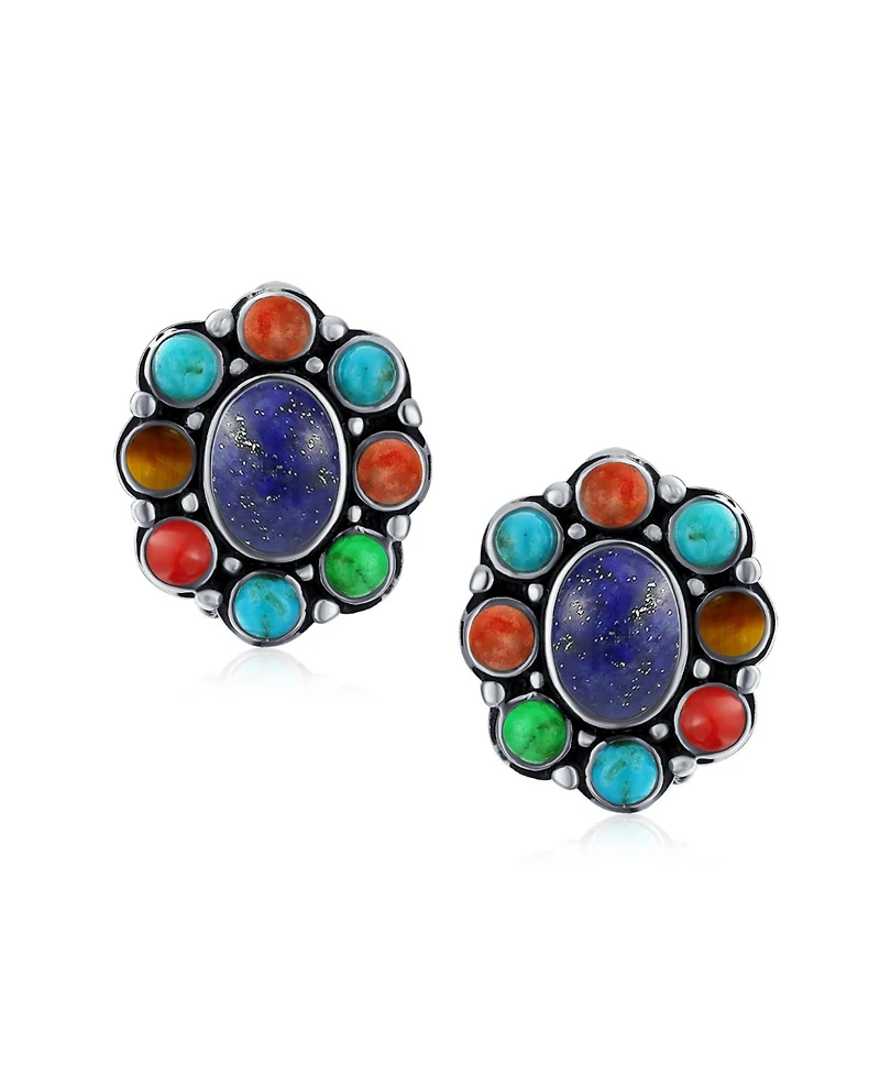 Bling Jewelry Southwestern Natural Lapis Blue Turquoise Multicolor Cabochon Oval Large s Western Concho Clip On Earrings Non Pierced Ears Sterling Sil