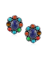 Bling Jewelry Southwestern Natural Lapis Blue Turquoise Multicolor Cabochon Oval Large s Western Concho Clip On Earrings Non Pierced Ears Sterling Sil