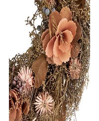 Orange and Coral Pink Twig and Floral Autumn Harvest Wreath 13.75" Unlit