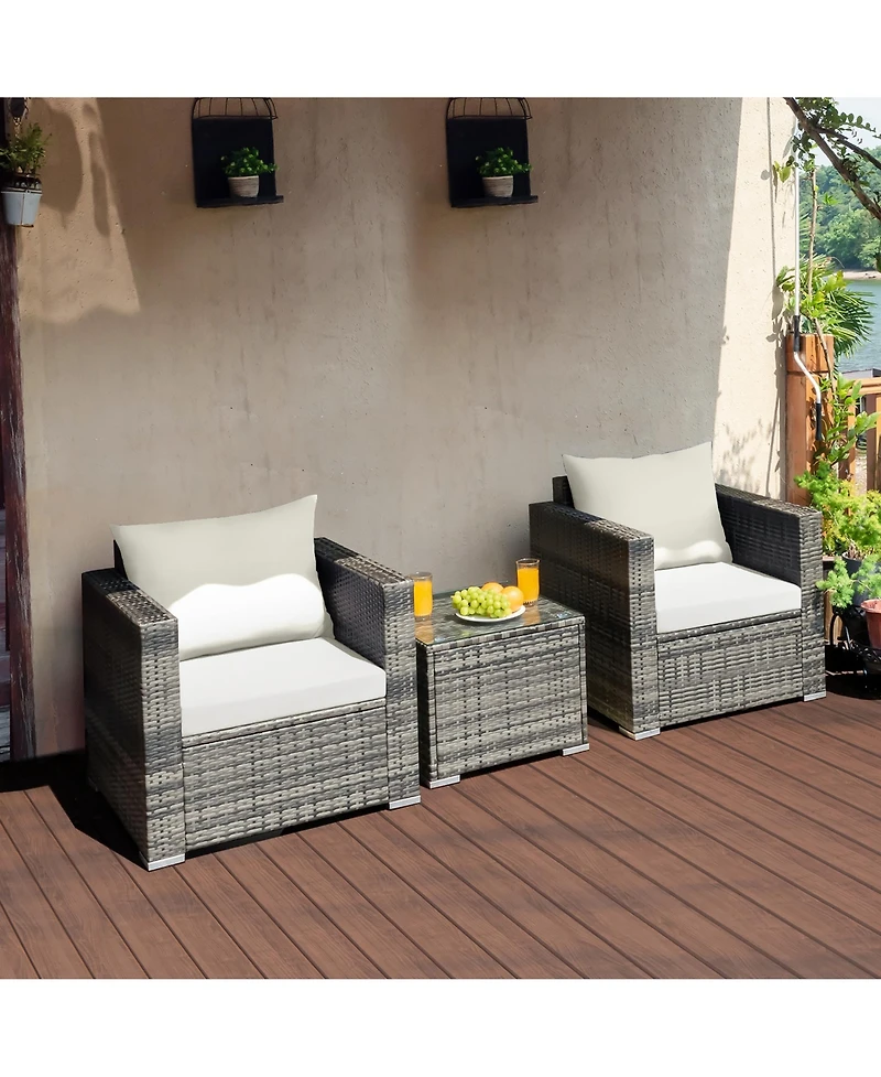 3 Pc Patio Rattan Furniture Bistro Set Cushioned Sofa Chair Table