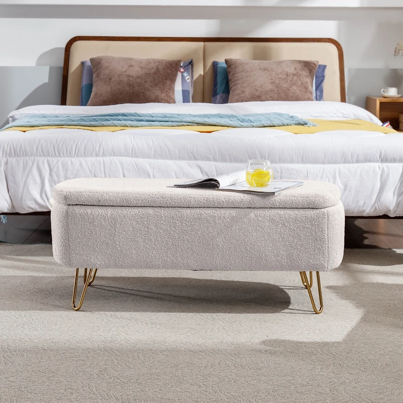 Streamdale Furniture Ivory Storage Ottoman Bench For End Of Bed Gold Legs, Modern Ivory Faux Fur Entry