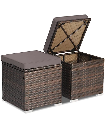 2PCS Patio Rattan Ottomans Seat Side Table Storage Box Footstool with Cushion