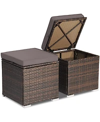 2PCS Patio Rattan Ottomans Seat Side Table Storage Box Footstool with Cushion