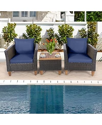 Costway 3PCS Patio Rattan Bistro Furniture Set Wood Table Top Cushion Sofa