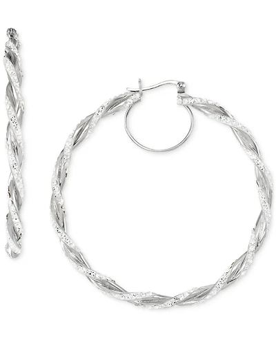 Crystal Pave Twist Style Medium Hoop Earrings, 2"
