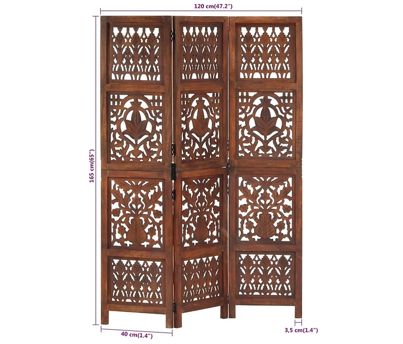 vidaXL Hand Carved 3-Panel Room Divider 47.2"x65" Solid Mango Wood