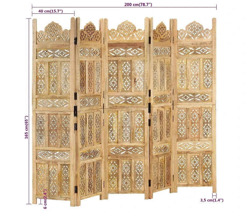 vidaXL Hand carved 5-Panel Room Divider 78.7"x65" Solid Mango Wood