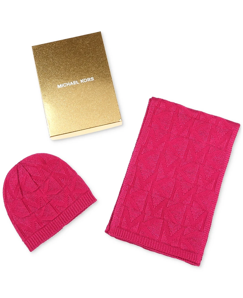 Michael Michael Kors Women's Debossed Knit Metallic Beanie & Scarf Set
