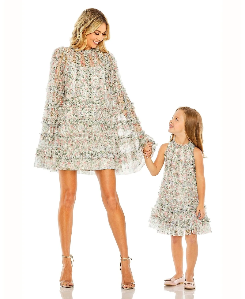 Mac Duggal Little Girls Mesh Floral Print A-Line Dress