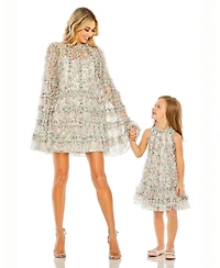Mac Duggal Little Girls Mesh Floral Print A-Line Dress