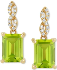 Peridot (3-1/5 ct. t.w.) & Diamond (1/10 ct. t.w.) Cushion Drop Earrings in 14k Gold