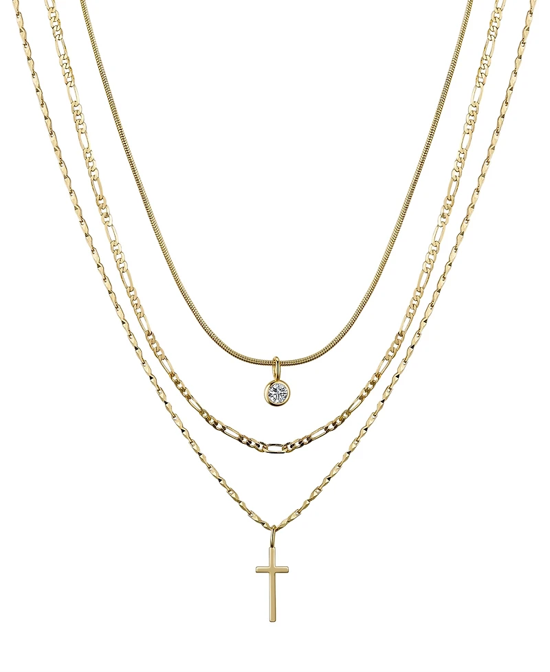 Unwritten Cubic Zirconia Bezel and 14K Gold Plated Cross Pendant Layered Necklace Set, 3 Pieces