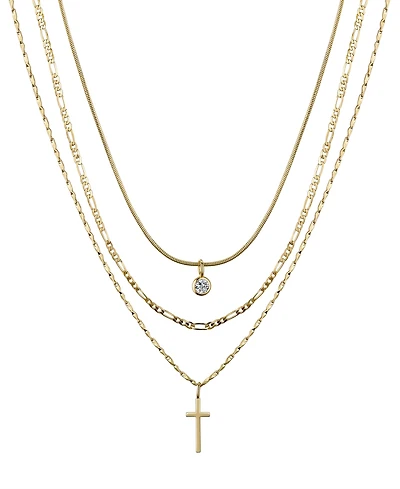 Unwritten Cubic Zirconia Bezel and 14K Gold Plated Cross Pendant Layered Necklace Set, 3 Pieces