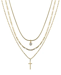 Unwritten Cubic Zirconia Bezel and 14K Gold Plated Cross Pendant Layered Necklace Set, 3 Pieces