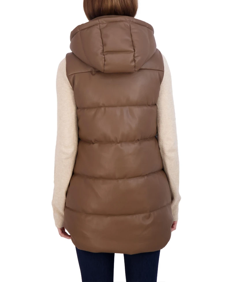 Sebby Collection Women's Puffer Faux Leather Vest with Hood