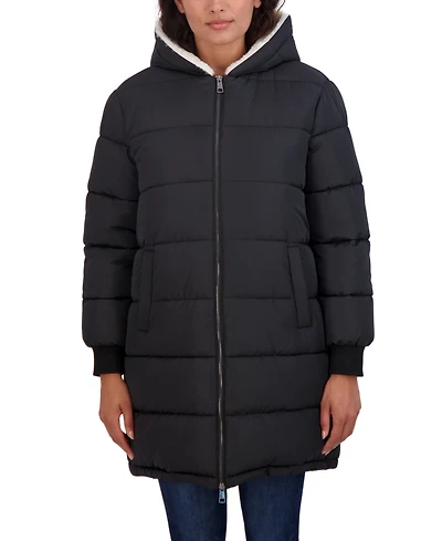 Sebby Collection Women's Long Faux Fur Lined Puffer Jacket with Hood