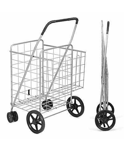 Folding Shopping Cart Jumbo Basket Grocery Laundry Travel w/ Swivel Wheels