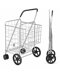 Folding Shopping Cart Jumbo Basket Grocery Laundry Travel w/ Swivel Wheels