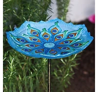 Evergreen Peacock Glass Bird Bath with Metal Stake