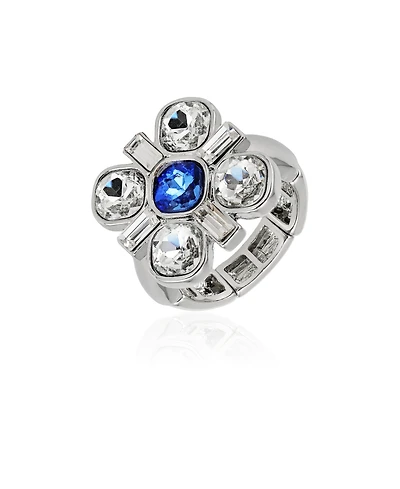 T Tahari Silver-Tone Blue and Clear Glass Stone Statement Stretch Ring
