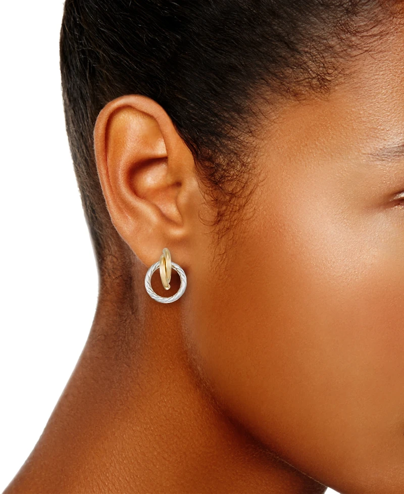 Rope Textured Circle Doorknocker Drop Earrings in 14k Two-Tone Gold