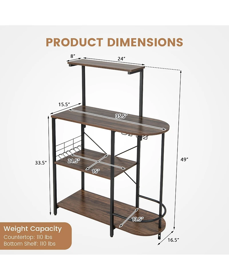 Costway Kitchen Bakers Rack Microwave Stand Coffee Bar w/ S-Hooks & Stemware Holder