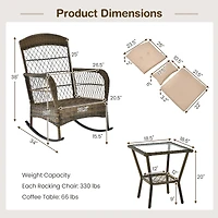 Costway Patio 3PCS Rocking Wicker Bistro Set 2 Rocker Chairs Tempered Glass Side Table