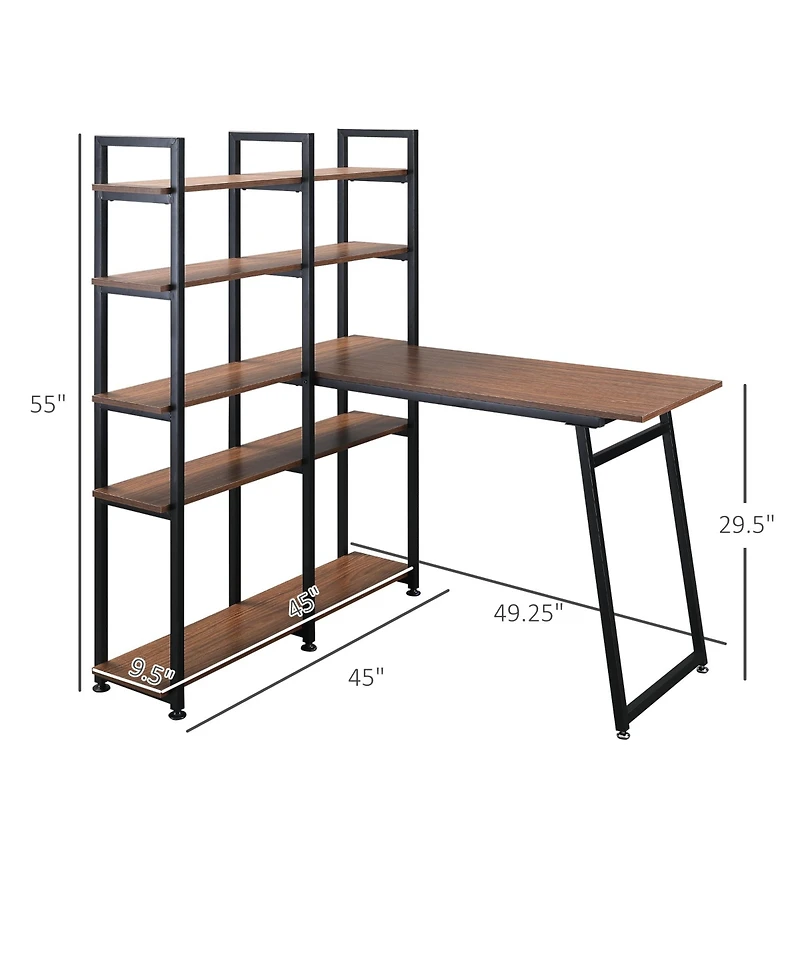 Homcom 5 Tier Versatile L-Shaped Computer Desk, Writing Table with Display Shelves and Metal Frame, Space-Saving for Study, Home Office, Walnut