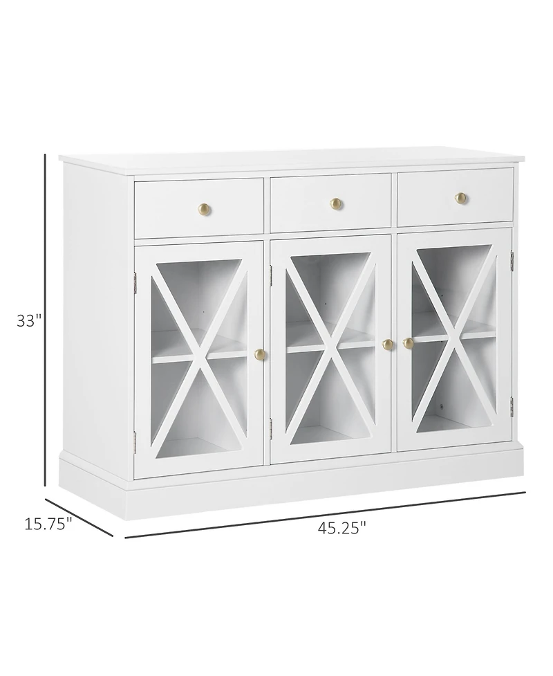 Homcom 45" Farmhouse Sideboard Buffet Cabinet with Glass Doors and 3 Drawers,