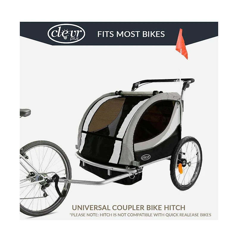 ClevrPlus Deluxe 3-in-1 Double Seat Bike Trailer Stroller Jogger for Kids, Grey