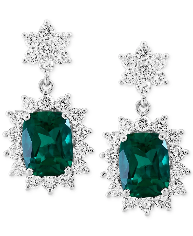Effy Lab Grown Emerald (3-3/8 ct. t.w.) & Lab Grown Diamond (1-7/8 ct. t.w.) Halo Drop Earrings in 14k White Gold