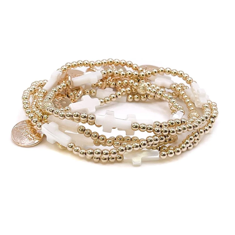 Bowood Lane Non-Tarnishing Gold Filled, 4mm Ball and Mother Of Pearl Cross Stretch Bracelet