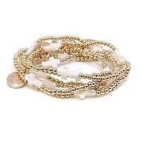 Bowood Lane Non-Tarnishing Gold Filled, 4mm Ball and Mother Of Pearl Cross Stretch Bracelet
