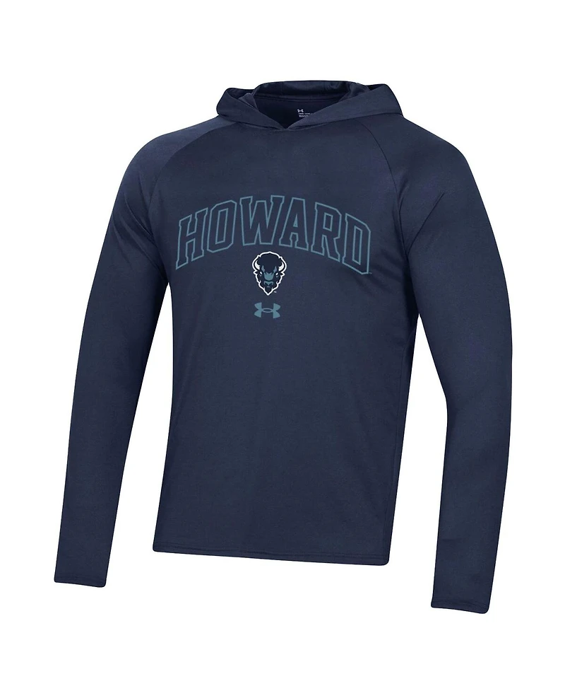 Men's Under Armour Navy Howard Bison 2023 Sideline Tech Hooded Raglan Long Sleeve T-shirt