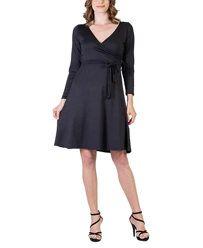 24seven Comfort Apparel Women's Chic V-neck Long Sleeve Belted Dress