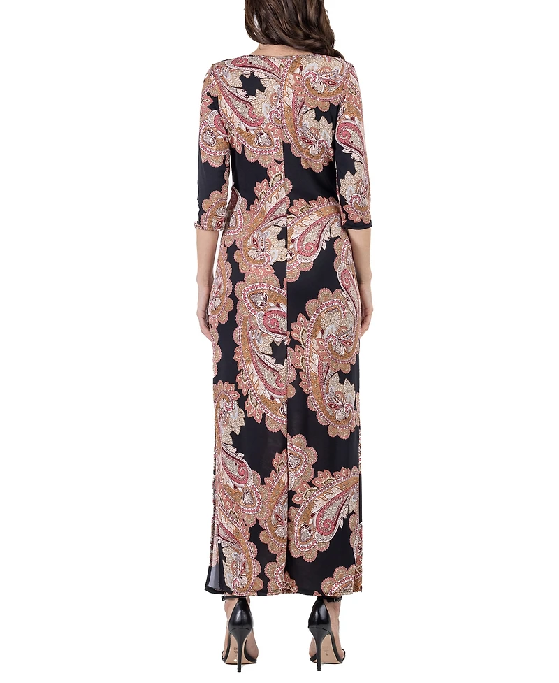 24seven Comfort Apparel Women's Paisley Sleeve Side Slit Maxi Dress