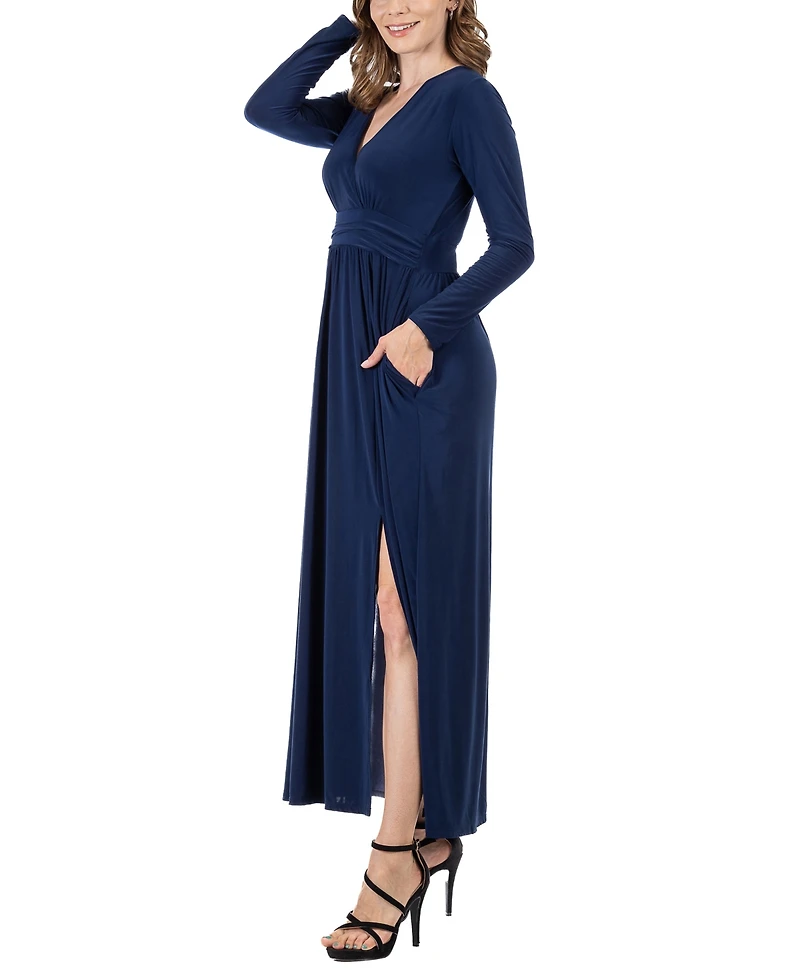 24seven Comfort Apparel Women's Long Sleeve V-neck Side Slit Maxi Dress