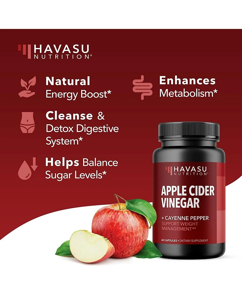 Apple Cider Vinegar Pills, Acv Capsules + Cayenne Pepper, Appetite Suppressant for Weight Loss, Havasu Nutrition, 60ct