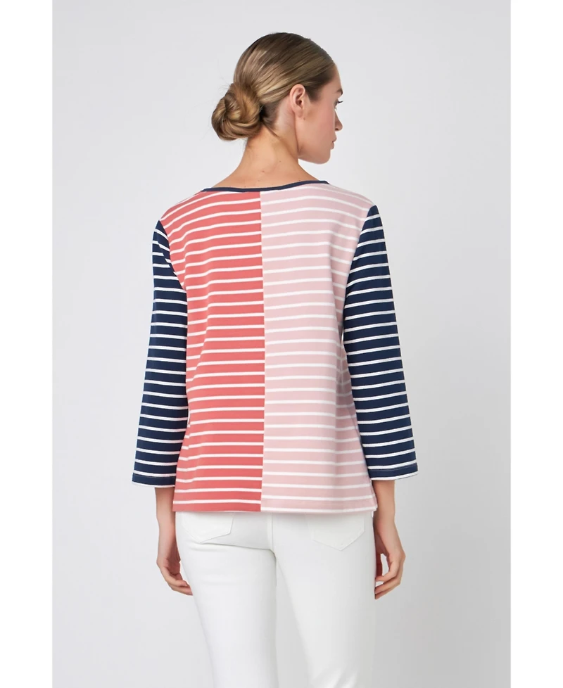 English Factory Women's Striped Color Blocked 3/4 Length Sleeve Tee