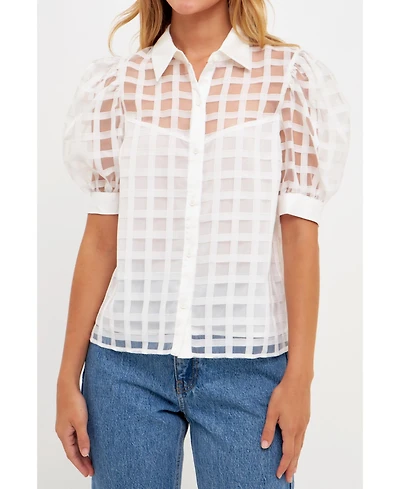 English Factory Women's Short Sleeve Organza Grid Blouse